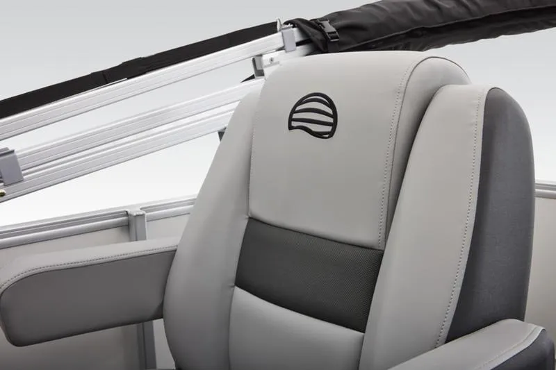 Slide: The Image of 2026 Sun Tracker Party Barge 16 DLX, featuring luxurious gray seating. - 33