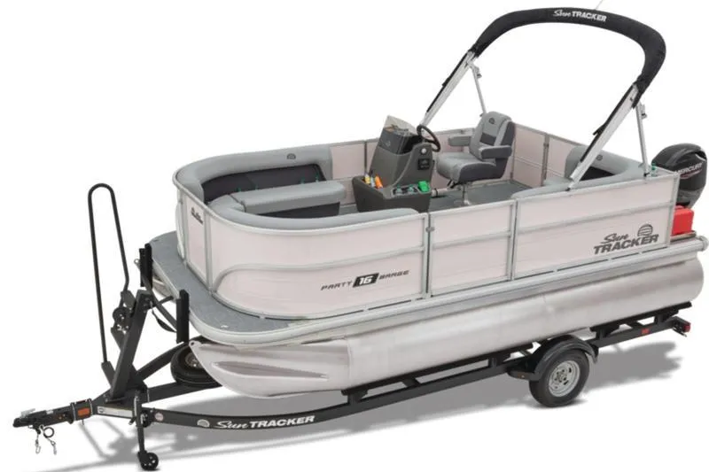 Slide: The Image of 2026 Sun Tracker Party Barge 16 DLX pontoon boat on trailer, side view. - 5