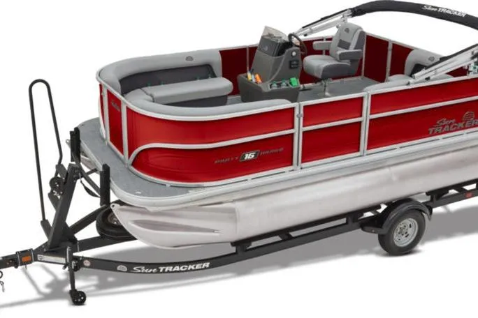Slide: The Image of 2026 Sun Tracker Party Barge 16 DLX pontoon boat on trailer, red and gray design. - 6