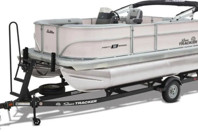 Slide: The Image of 2026 Sun Tracker Party Barge 16 DLX pontoon boat on trailer. - 7