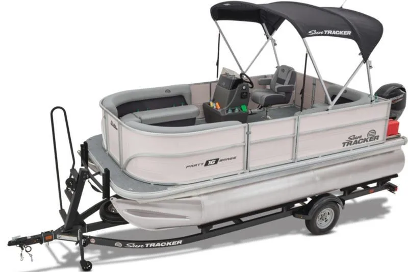 Slide: The Image of 2026 Sun Tracker Party Barge 16 DLX pontoon boat on trailer, side view. - 8