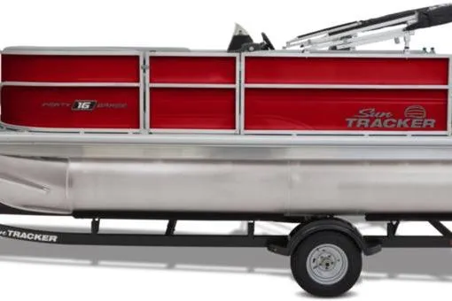 Slide: The Image of 2026 Sun Tracker Party Barge 16 DLX pontoon boat with red and silver design. - 9