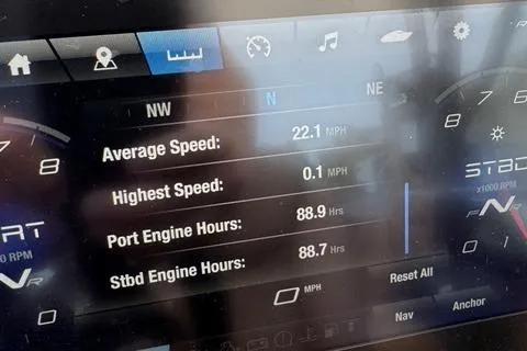 Slide: The Image of Dashboard of 2024 Yamaha Boats 222XD showing speed and engine hours. - 12