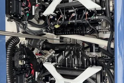 Slide: The Image of 2024 Yamaha Boats 222XD engine compartment showcasing intricate mechanical components. - 15
