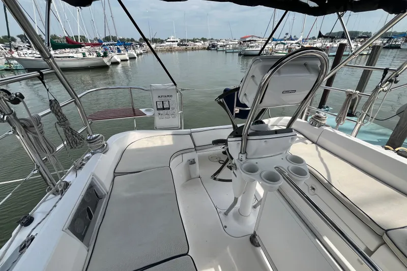 Slide: The Image of Cockpit view of 2006 Hunter 36-2 sailboat docked at marina. - 9
