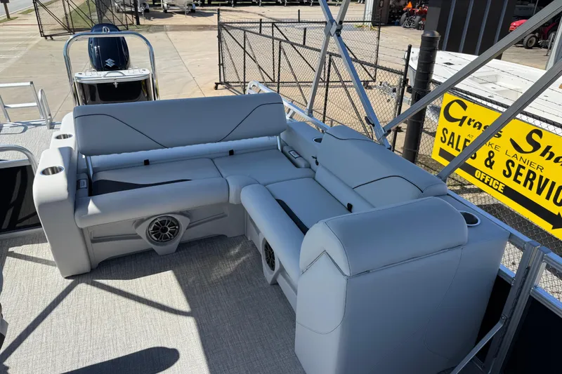 Slide: The Image of 2026 Avalon Venture 85 Versatile rear bench with sleek gray seating and cup holders. - 13