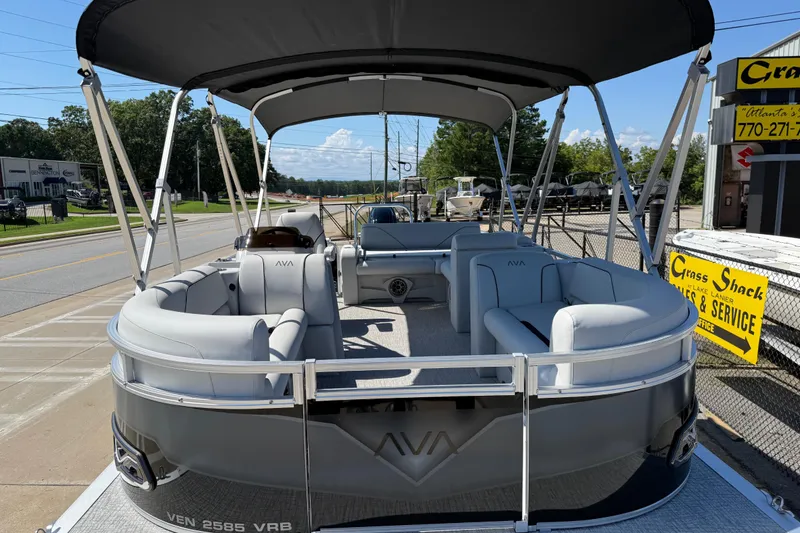 Slide: The Image of 2026 Avalon Venture 85 Versatile Rear Bench pontoon boat with sleek design and spacious seating. - 8