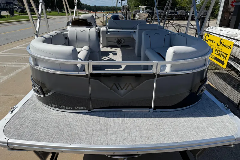 Slide: The Image of 2026 Avalon Venture 85 Versatile Rear Bench pontoon boat with sleek design and spacious seating. - 9