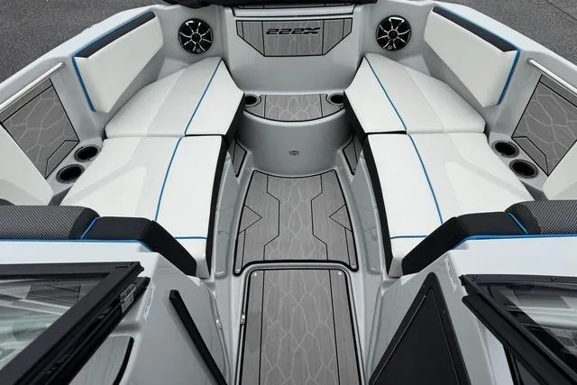 Slide: The Image of 2023 Yamaha Boats 222XD interior with sleek seating and modern design. - 14