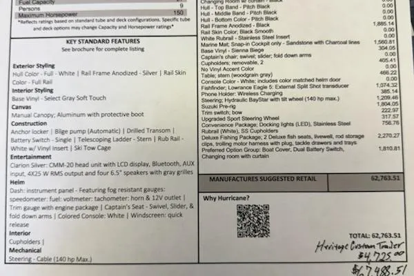 Slide: The Image of 2026 Hurricane FD198RE-OB boat features and pricing details with standard and optional equipment. - 12