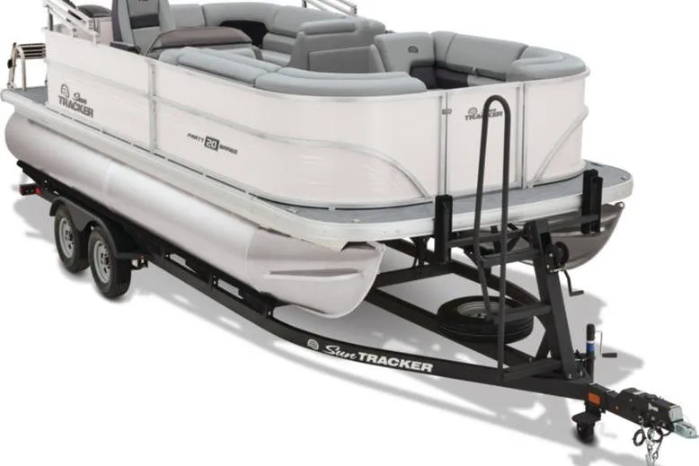 Slide: The Image of 2026 Sun Tracker Party Barge 20 DLX pontoon boat on trailer, side view. - 14