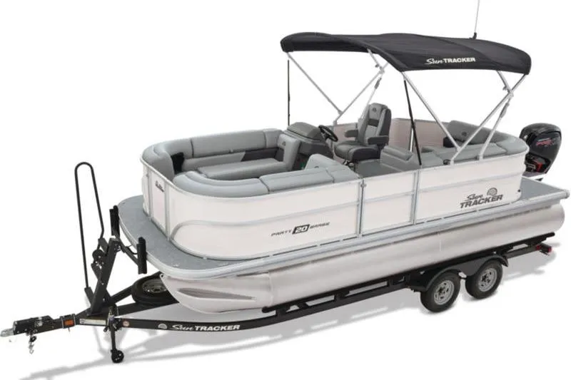 Slide: The Image of 2026 Sun Tracker Party Barge 20 DLX pontoon boat on trailer with canopy. - 15