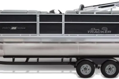 Slide: The Image of 2026 Sun Tracker Party Barge 20 DLX pontoon boat on trailer, side view. - 2