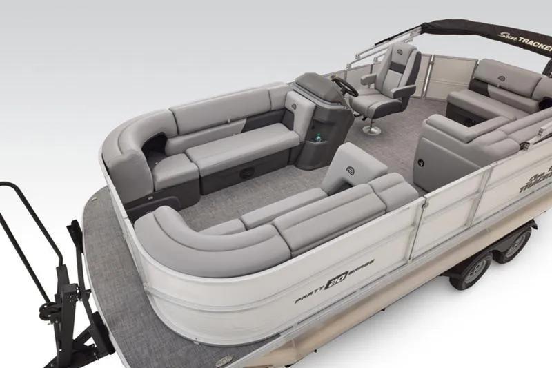 Slide: The Image of 2026 Sun Tracker Party Barge 20 DLX pontoon boat with spacious seating and modern design. - 21