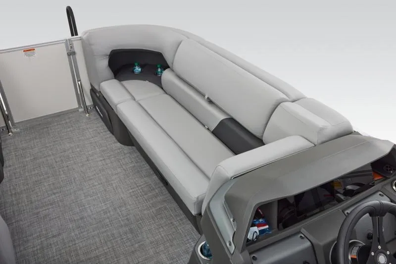 Slide: The Image of 2026 Sun Tracker Party Barge 20 DLX interior with gray seating and modern design. - 31