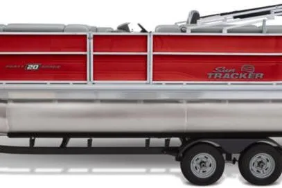 Slide: The Image of 2026 Sun Tracker Party Barge 20 DLX pontoon boat with red exterior on trailer. - 7
