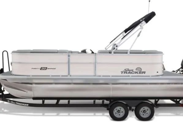 Slide: The Image of 2026 Sun Tracker Party Barge 20 DLX pontoon boat on trailer, side view. - 8