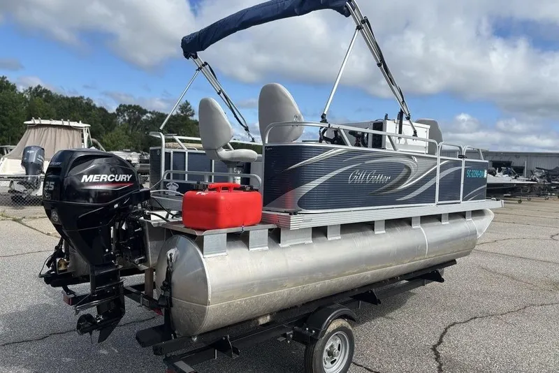 Slide: The Image of 2020 Apex Gillgetter 7515 Tiller pontoon boat with Mercury outboard motor on trailer. - 3