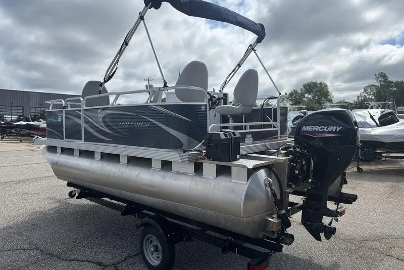 Slide: The Image of 2020 Apex Gillgetter 7515 Tiller pontoon boat with Mercury outboard motor on trailer. - 4