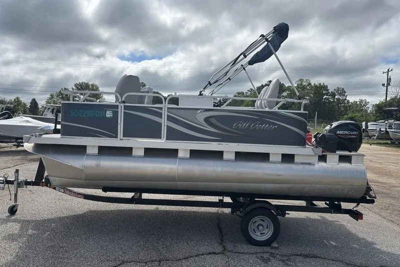 Slide: The Image of 2020 Apex Gillgetter 7515 Tiller pontoon boat on trailer, with Mercury outboard motor. - 5