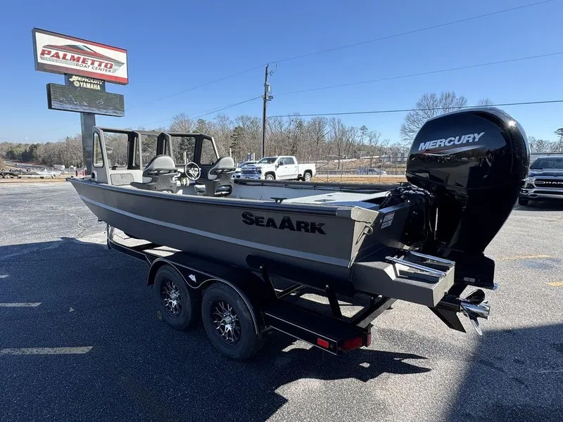 Slide: The Image of 2025 SeaArk 2072 MV Flat Cat boat with Mercury engine on trailer. - 8