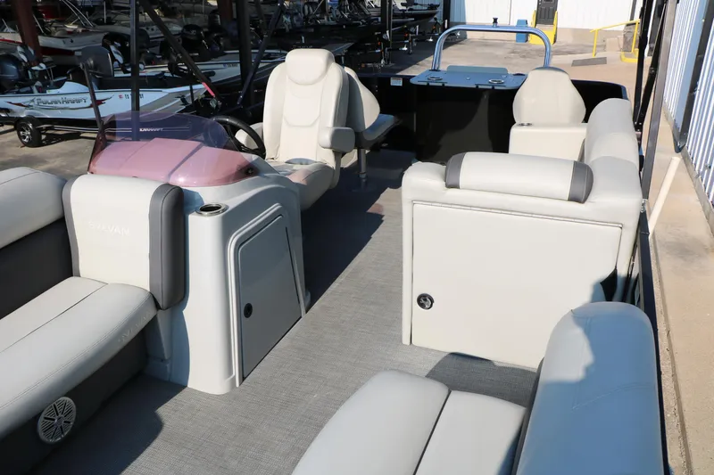 Slide: The Image of 2023 Sylvan Mirage Fish 820 Party Fish interior with seating and helm. - 12