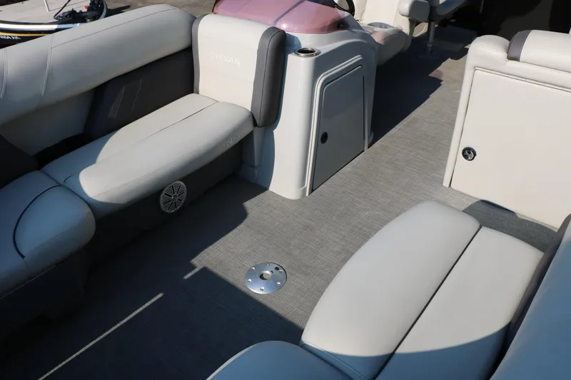 Slide: The Image of 2023 Sylvan Mirage Fish 820 Party Fish boat interior with comfortable seating and modern design. - 13