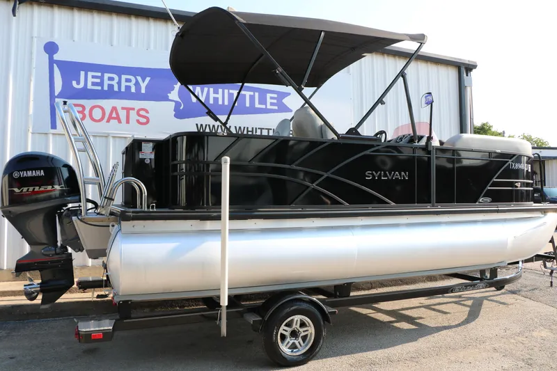 Slide: The Image of 2023 Sylvan Mirage Fish 820 Party Fish pontoon boat with Yamaha VMAX engine. - 2