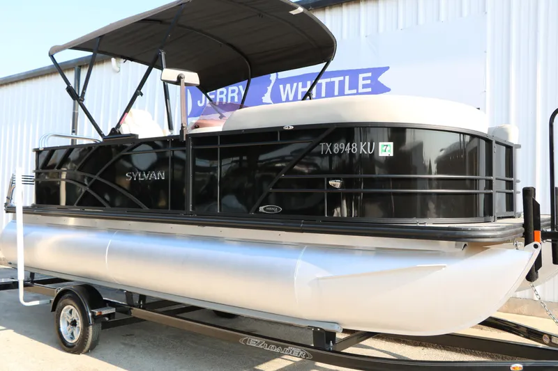 Slide: The Image of 2023 Sylvan Mirage Fish 820 Party Fish pontoon boat on trailer. - 3