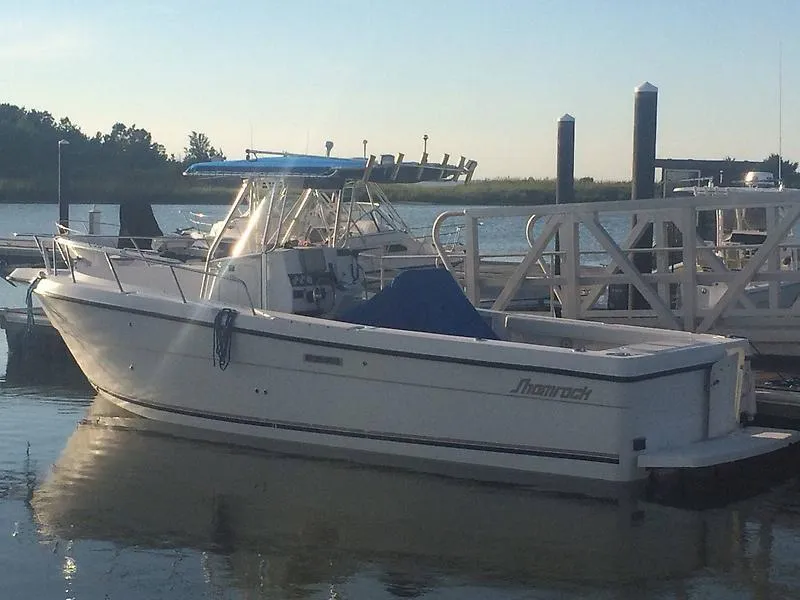 Slide: The Image of 2001 Shamrock 270 Open boat docked at marina, side view. - 7
