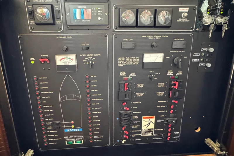 Slide: The Image of Control panel of a 2001 Bayliner 4087 Aft Cabin Motoryacht with various switches and gauges. - 37