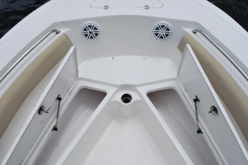 Slide: The Image of 2021 Tidewater 210 CC Adventure boat interior with storage compartments and speakers. - 5