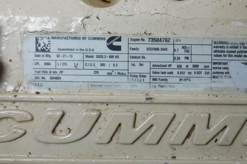 Slide: The Image of Cummins engine label on 2013 Sea Ray 510 Sundancer, model QSC8.3-600 HO, assembled in the USA. - 70