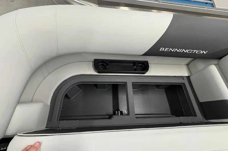 Slide: The Image of Bennington 22 SSR Stern Radius SNAP boat seat with storage compartment, 2026 model. - 10
