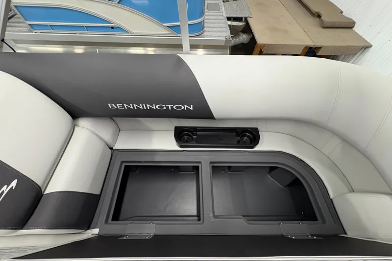 Slide: The Image of 2026 Bennington 22 SSR Stern Radius SNAP boat seating with storage compartments. - 18