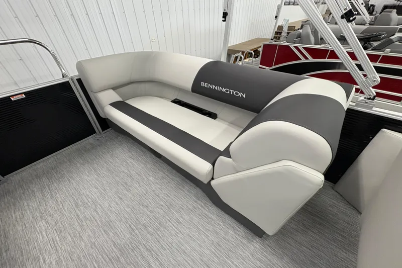 Slide: The Image of 2026 Bennington 22 SSR Stern Radius SNAP boat interior with sleek seating design. - 19