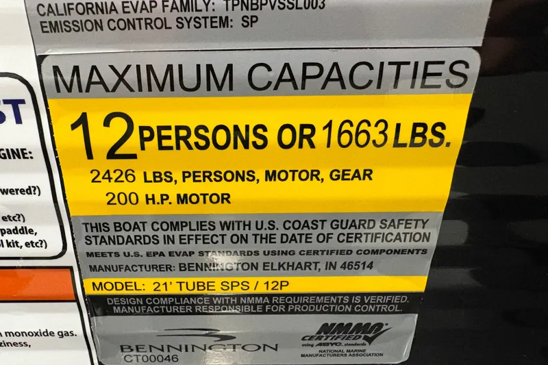 Slide: The Image of Bennington 22 SSR Stern Radius SNAP 2026 boat capacity label, 12 persons or 1663 lbs, 200 HP motor. - 21