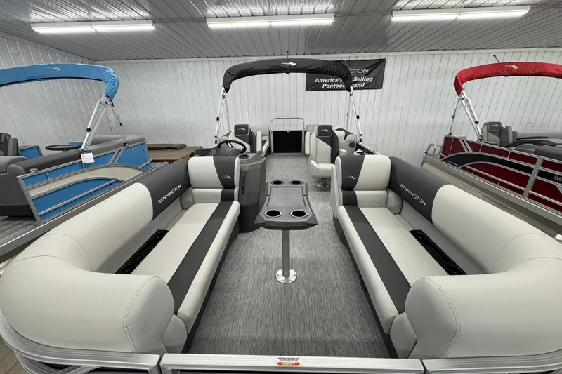 Slide: The Image of 2026 Bennington 22 SSR Stern Radius SNAP pontoon boat interior with plush seating. - 5