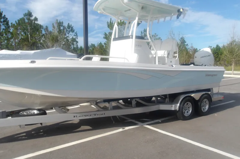 The Image of 2025 Ranger 2360 Bay boat on trailer in parking lot, clear sky background. - 1