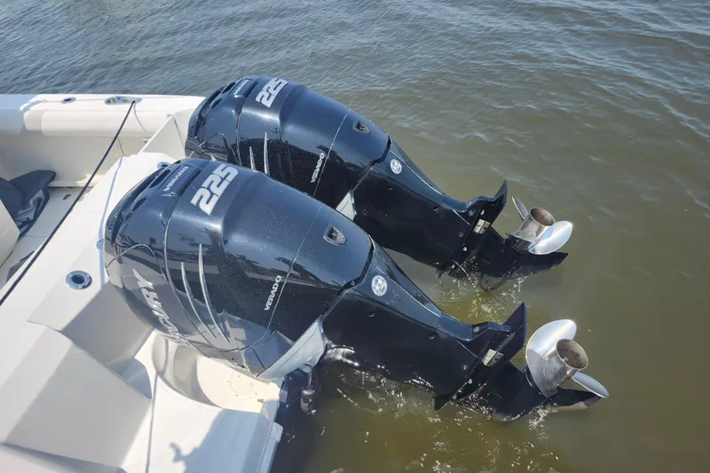 Slide: The Image of Twin Mercury 225 outboard engines on a 2016 Boston Whaler 250 Outrage boat. - 21