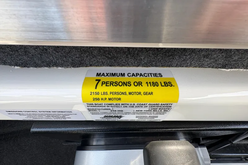 Slide: The Image of 2026 Lund 210 HG boat capacity label: 7 persons or 1180 lbs, 250 HP motor. - 26