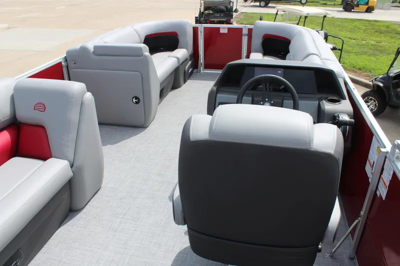 Slide: The Image of Interior of 2026 Sun Tracker Party Barge 20 DLX pontoon boat with gray seating. - 7