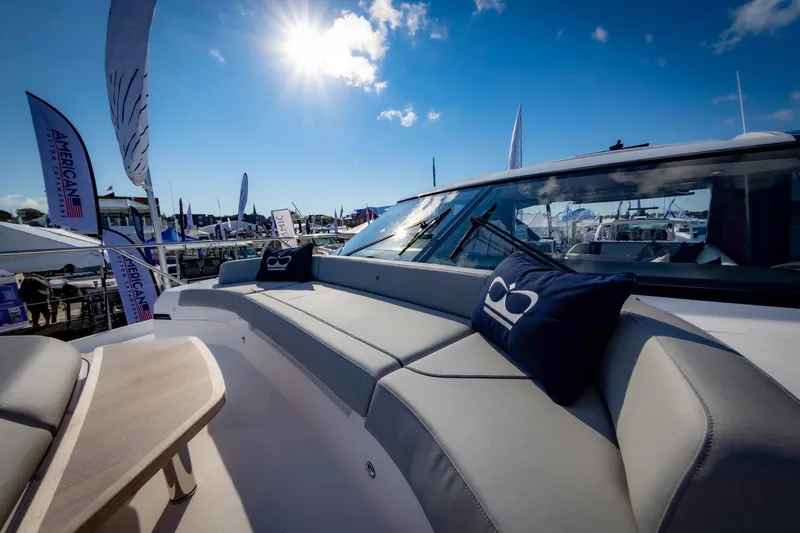 Slide: The Image of Interior view of the 2026 Princess V55 Express yacht cockpit. - 46