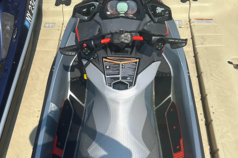 Slide: The Image of 2018 Sea-Doo RXP-X 300 jet ski, top view of seat and controls. - 8
