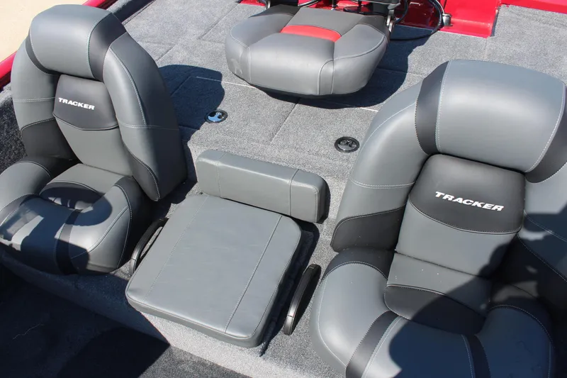 Slide: The Image of 2026 Tracker Pro Team 195 boat interior with gray cushioned seats. - 16