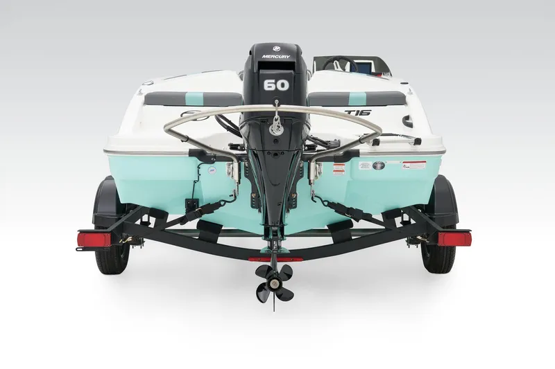 Slide: The Image of Manufacturer Provided Image: 2025 Tahoe T16 boat with Mercury 60 engine, rear view on trailer. - 54