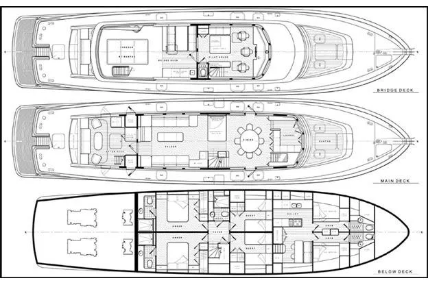 Slide: The Image of Blueprint of 2003 New England Boatworks Enclosed Raised Pilothouse, showing bridge, main, and below decks. - 51