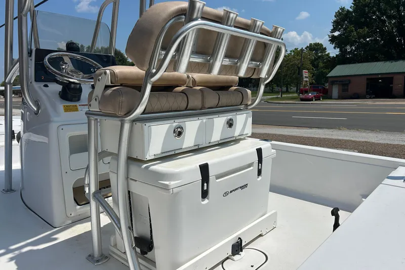 Slide: The Image of 2019 Sportsman Tournament 214 Bay Boat interior with seating and steering console. - 9