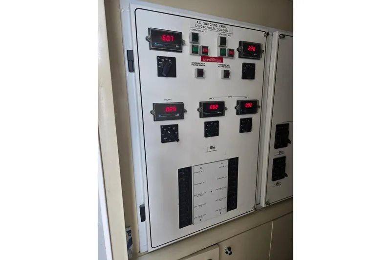 Slide: The Image of Electrical control panel on a 2002 Hatteras 92 Cockpit Motor Yacht. - 49
