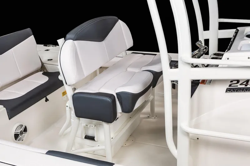 Slide: The Image of Manufacturer Provided Image: 2025 Robalo 246 Cayman SD boat interior with cushioned seating and sleek design. - 35